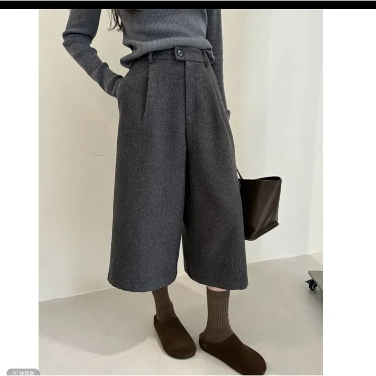 秋冬新款时尚百搭毛呢七分阔腿裤女高腰显瘦加厚宽松复古直筒裤子