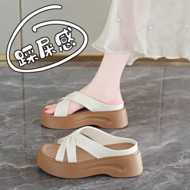 品牌真皮厚底编织凉鞋女2025夏季新款外穿一字拖配裙子绝美凉拖鞋