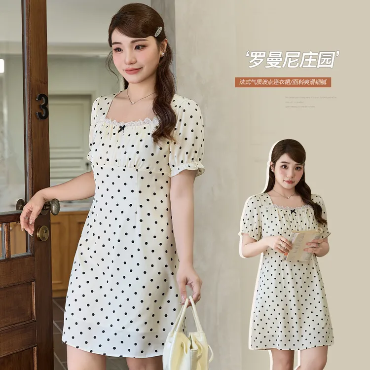 法式茶歇方领波点泡泡袖连衣裙胖mm大码收腰显瘦中长款裙子65305