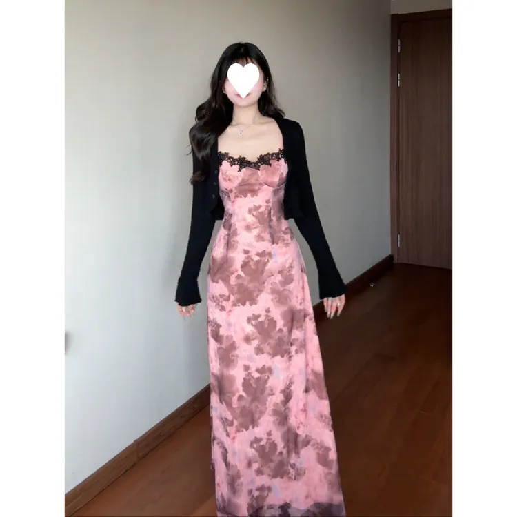 徐秋阳纯欲风蕾丝拼接扎染吊带连衣裙套装女夏薄款开衫甜辣收