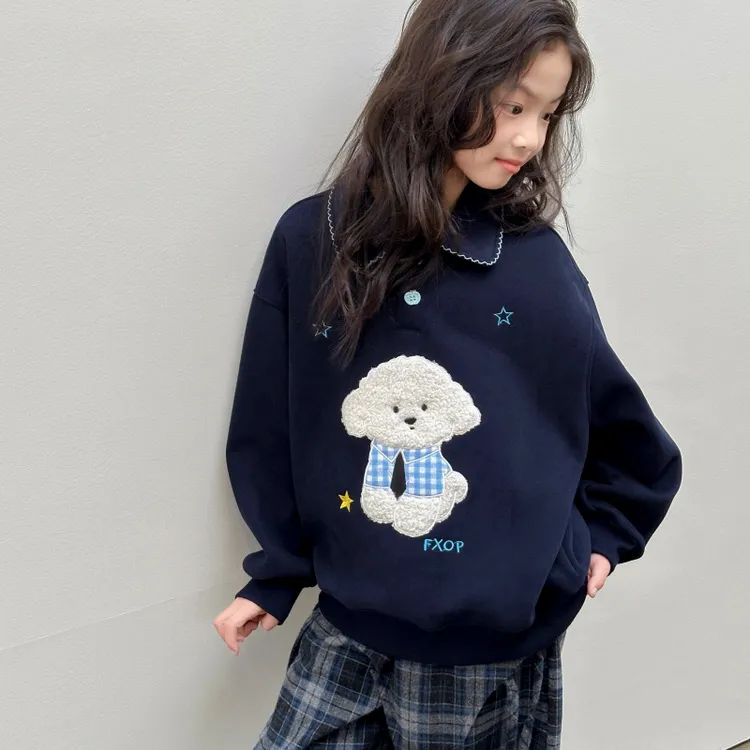 女童加绒卫衣一体绒韩版宽松秋2025冬新款中大儿童保暖POLO领上衣