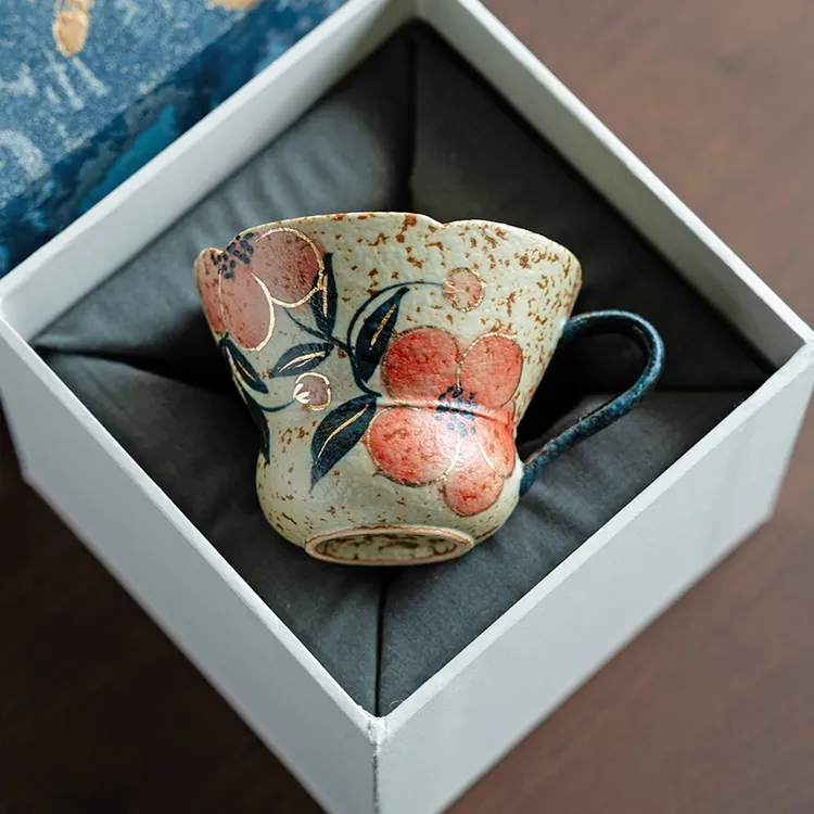 德白青花火石红纯手绘桃花主人杯把杯高档家用新中式茶杯功夫茶具