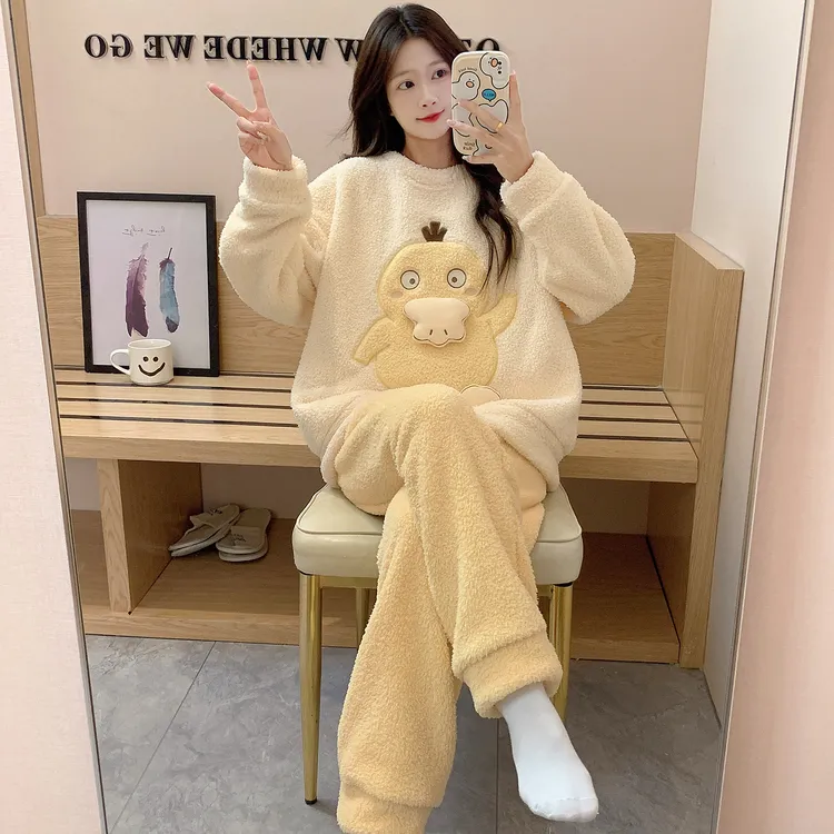 半边绒睡衣女秋冬长袖长裤卡通加厚保暖珊瑚绒女生冬季家居服套装