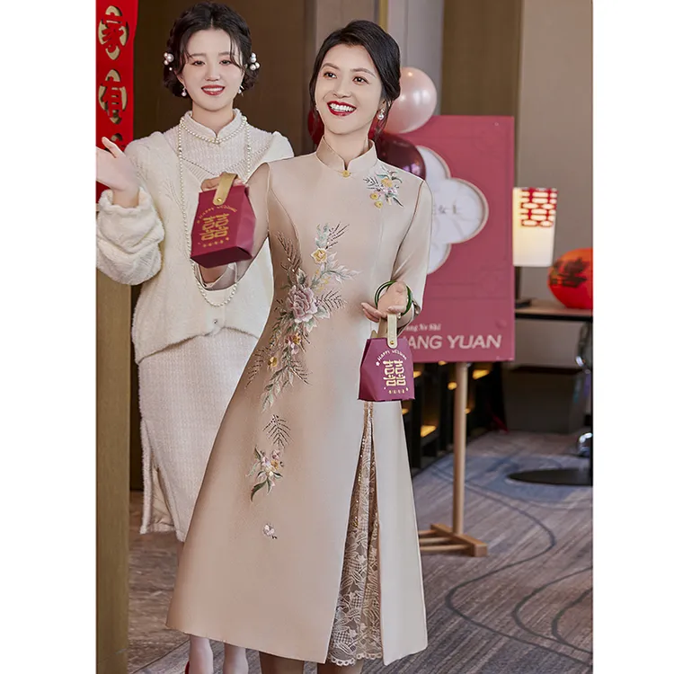 如梦~~香槟色中式旗袍长袖喜妈妈婚宴结婚礼服喜婆婆五一2025新款