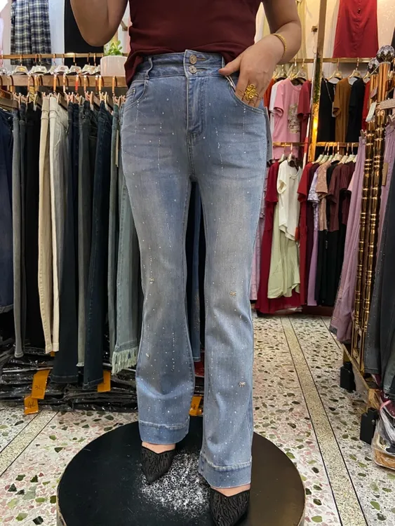 YF！9809#烫钻微喇牛仔裤女修身显瘦喇叭裤