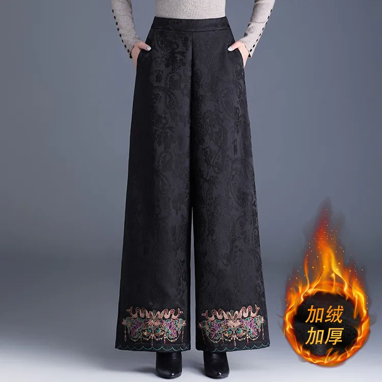 2025冬装国风刺绣阔腿裤加绒加厚保暖提花民族风绣花长裤靴裤女