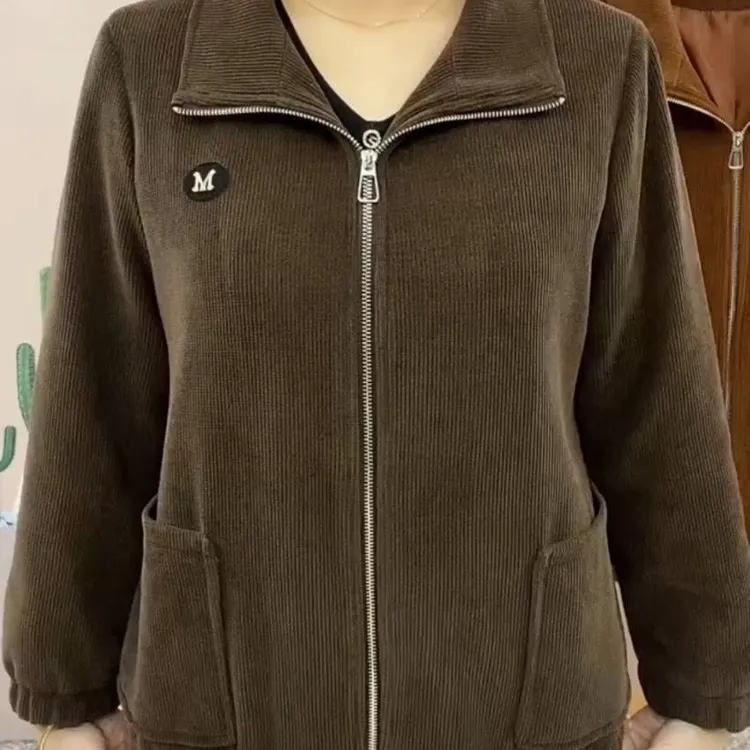 【有里布】妈妈外套女2024春秋新款灯芯绒大码上衣宽松休闲纯色款