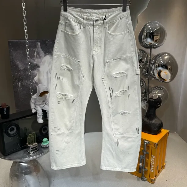 2025新款美式小众阔腿弯刀裤男女泼墨破坏休闲宽松百搭廓形长裤子