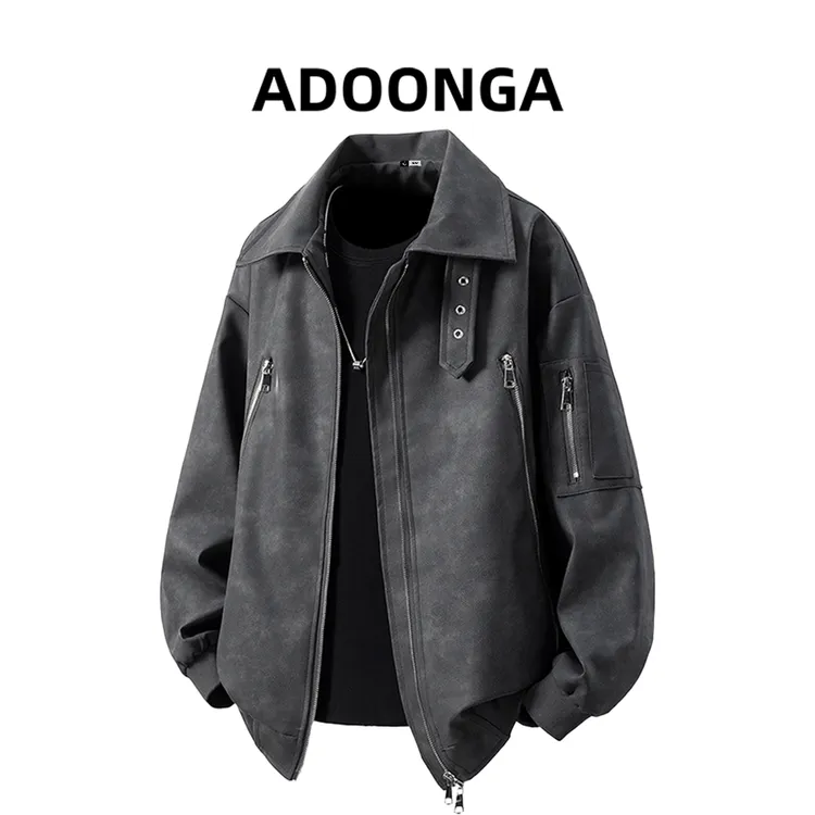ADOONGA美式休闲痞帅工装PU夹克男士秋冬季潮流百搭宽松防风外套