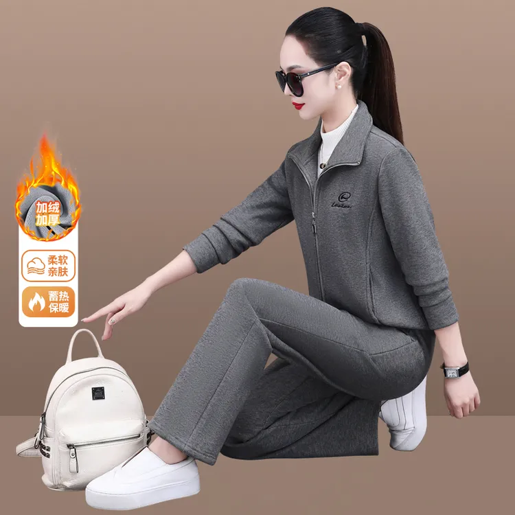高货女士秋冬加绒加厚套装时尚洋气中年人女休闲运动套装厚款保暖