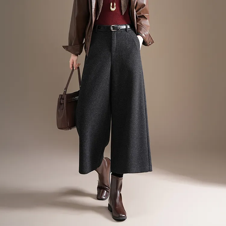 加厚冬季八分裤气质靴裤羊毛呢阔腿裤女2025新款高腰显瘦休闲裤