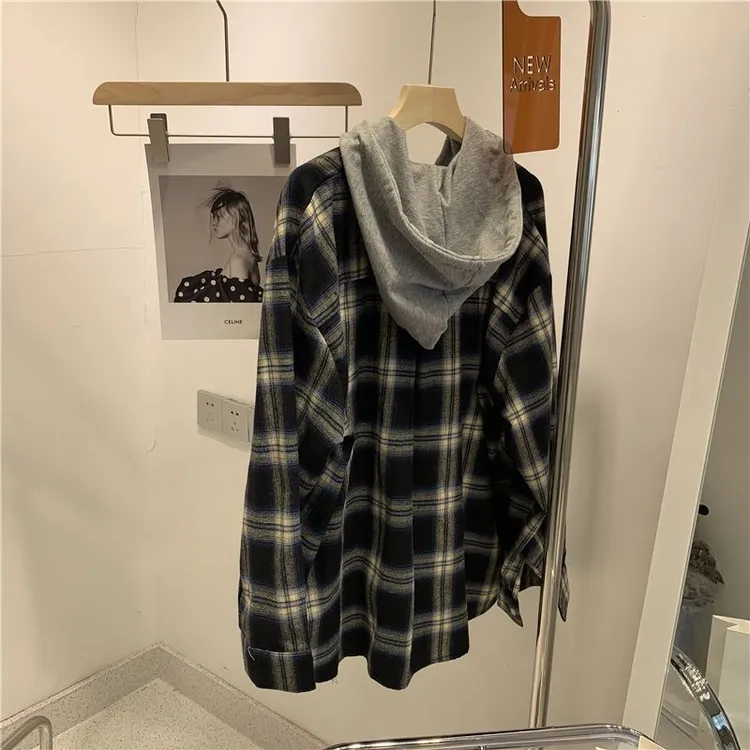 复古磨毛格子衬衫女装春秋慵懒风休闲港味中长款显瘦连帽衬衣外套