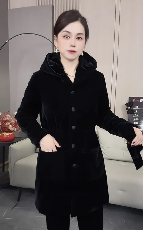 新款面膜丝绒加棉加厚保暖连帽棉服外套