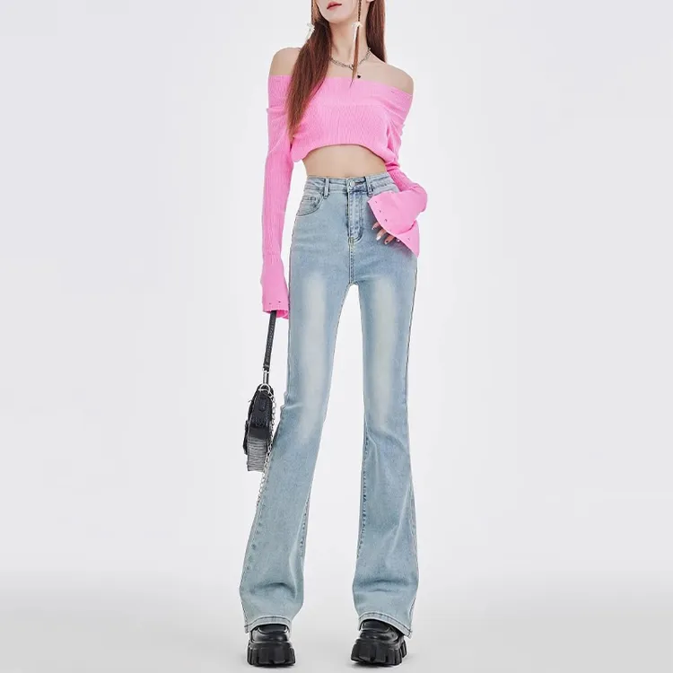 高腰加绒微喇牛仔裤女秋冬加厚小个子显瘦马蹄喇叭裤