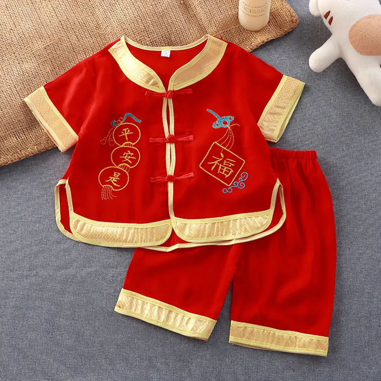 国风童装男童2025中国风男童龙的传人唐装人造棉短袖套装双麒麟男