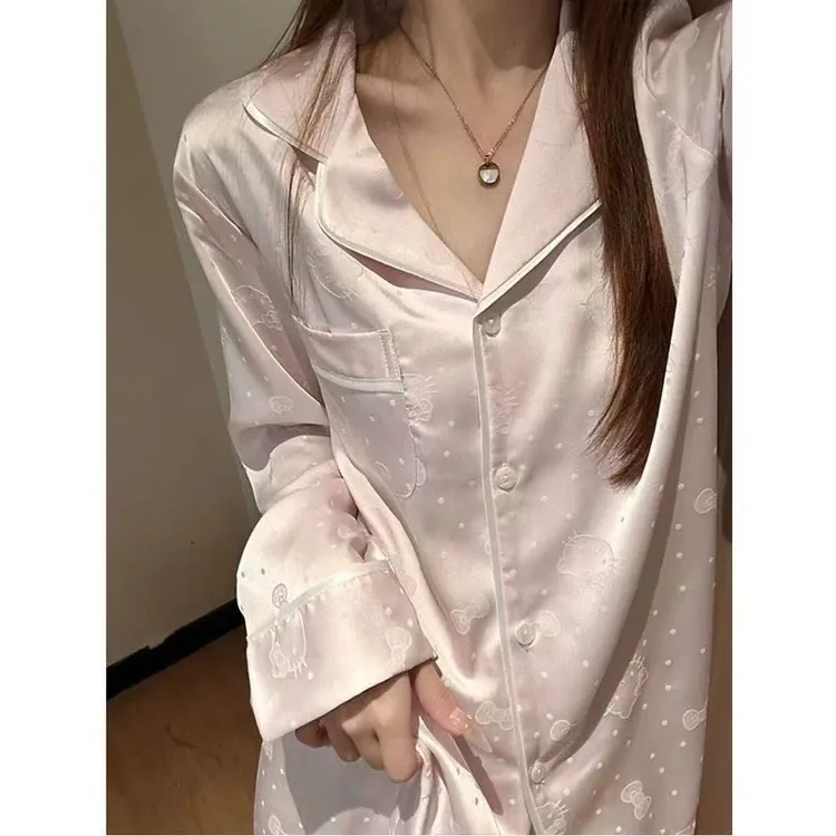 春秋季新款亲肤柔锻翻领女士星星长袖长裤睡衣家居服套装宽松透气