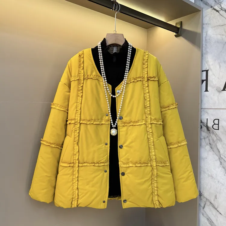 2025冬新款拼木耳边条纹休闲百搭时尚宽松微胖大码棉服外套1110