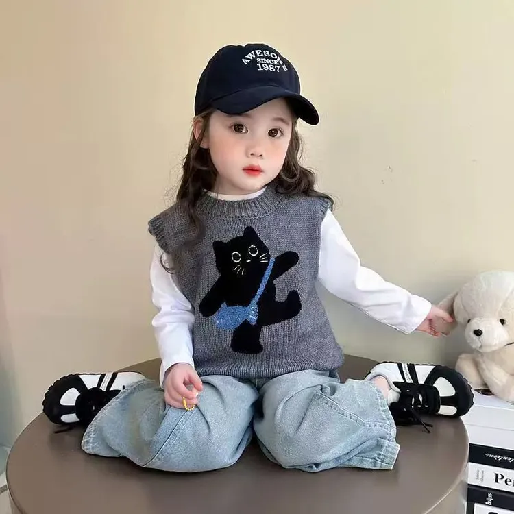 儿童针织马甲背心韩版秋冬女童卡通猫咪针织圆领毛衣刺绣无袖坎肩