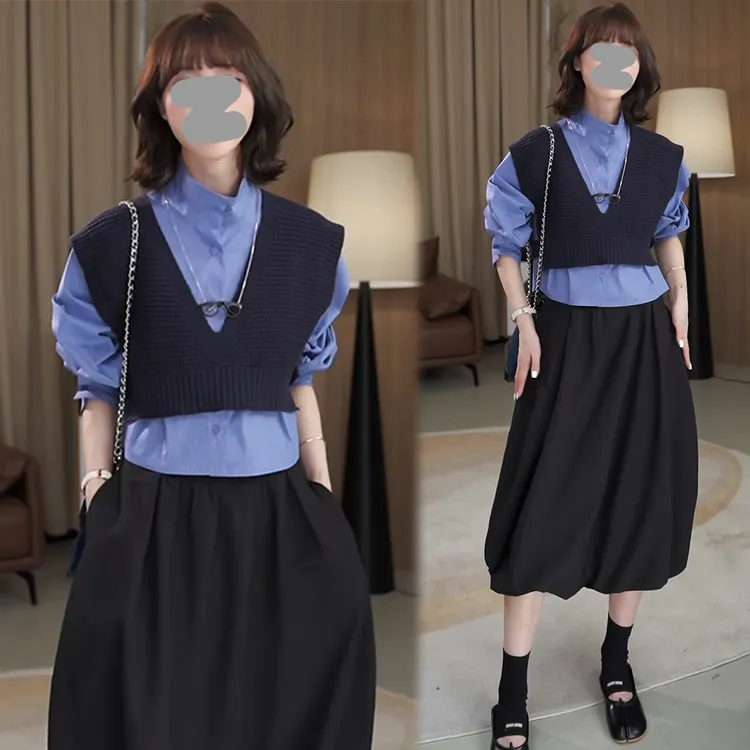 网红洋气炸街套装女2025春秋季立领长袖衬衫针织马甲半身裙三件套