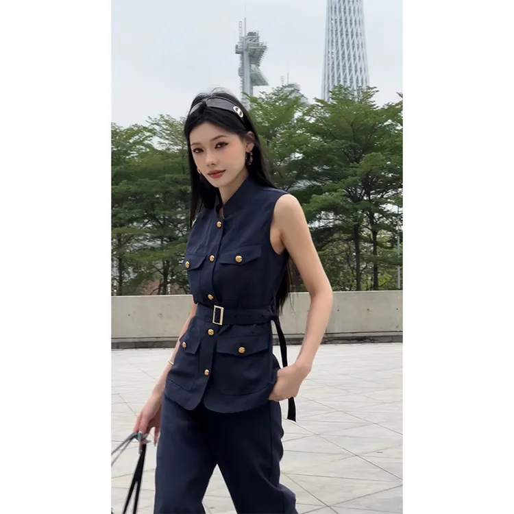 御姐范通勤简约无袖时尚气质设计感收腰上衣百搭显瘦修身长裤套装