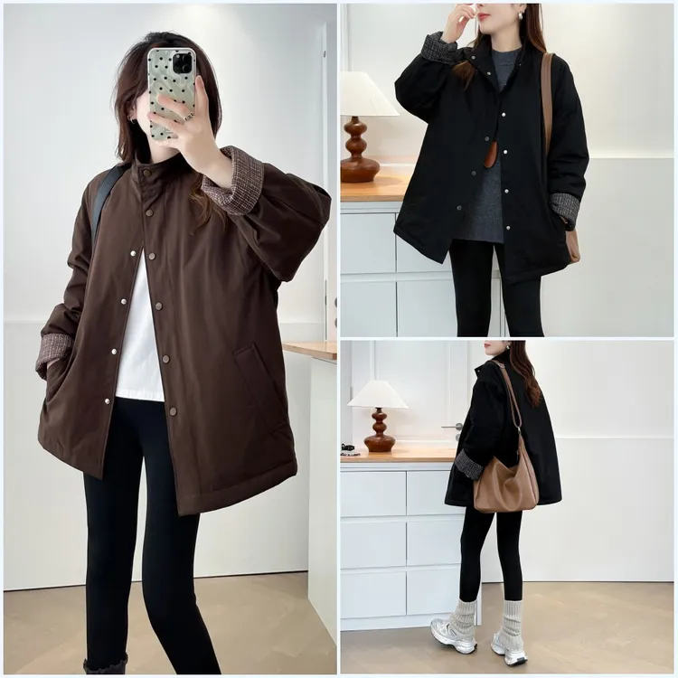 100-200斤大码女装胖mm秋冬新款洋气百搭休闲加厚夹克棉服外套689