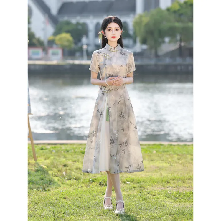 改良夏日新款少女风奥黛旗袍日常中式年轻小香版茶服流行