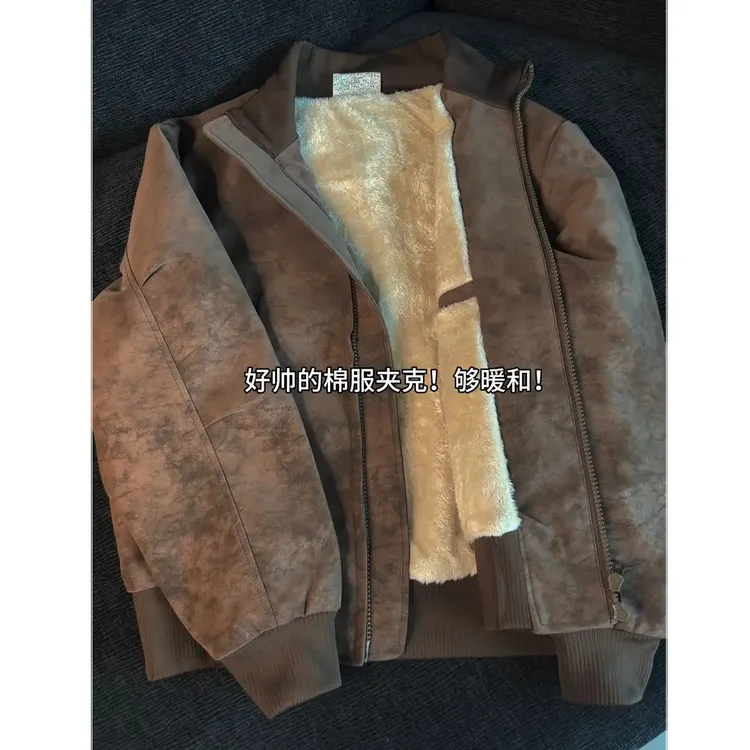 美式短款扎染皮衣夹克廓形冬季男款外套加绒保暖皮衣棒球飞行棉服