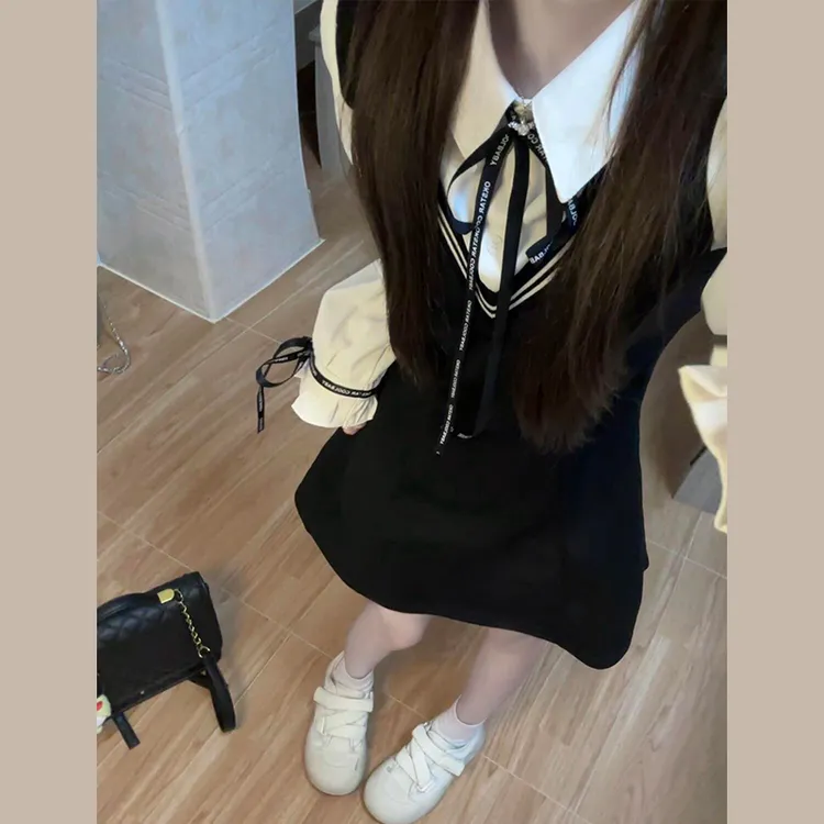 法式学院风假两件衬衫连衣裙子女春秋季2025新款气质收腰黑色短裙