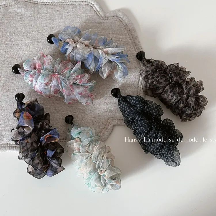 温柔碎花褶皱网纱发夹超仙高级感时髦洋气高马尾香蕉夹发饰新款