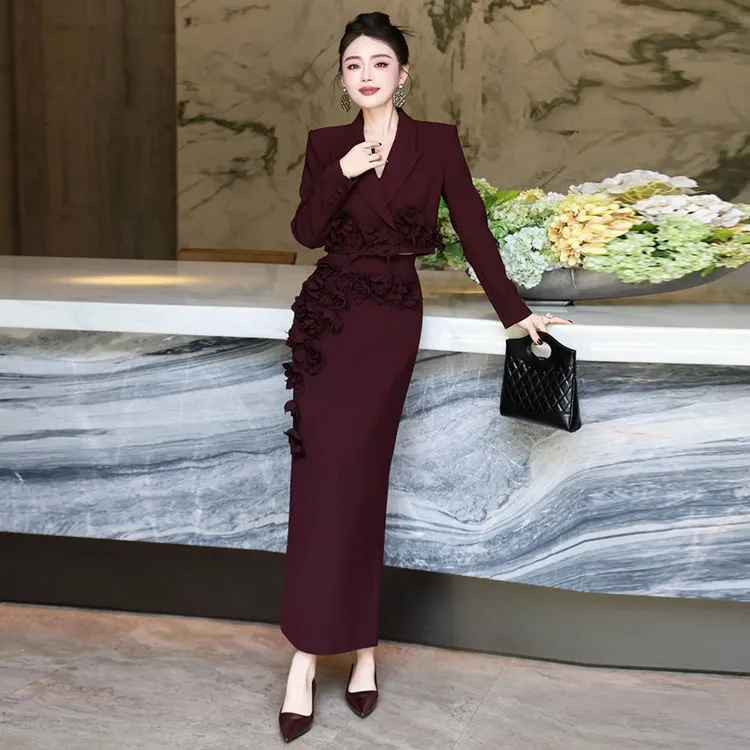 重工立体花朵慵懒老钱风西装套装设计感宽松时尚西服裙子两件套