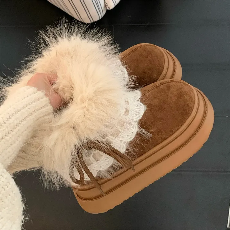 细细条 冬季女士保暖毛毛雪地靴增高厚底防滑ins费尔岛短靴子棉鞋