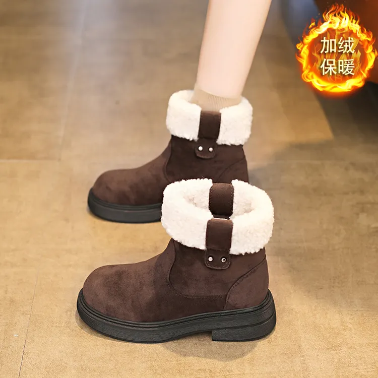 高帮棉鞋女款时尚毛绒口雪地靴2025冬季新款反绒皮保暖短靴棉靴子