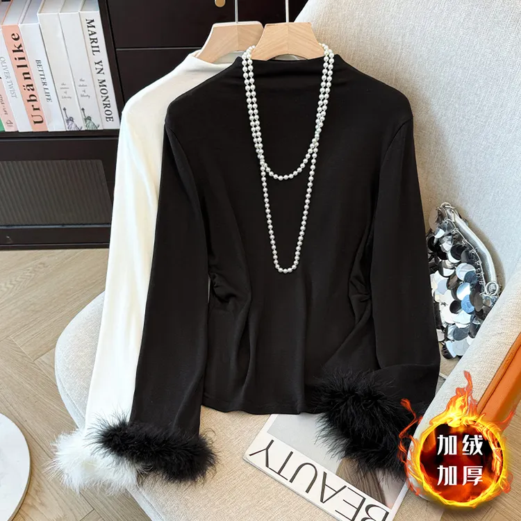 【加绒加厚！毛毛可拆卸】秋冬毛毛袖半高领打底衫长袖修身显瘦上衣