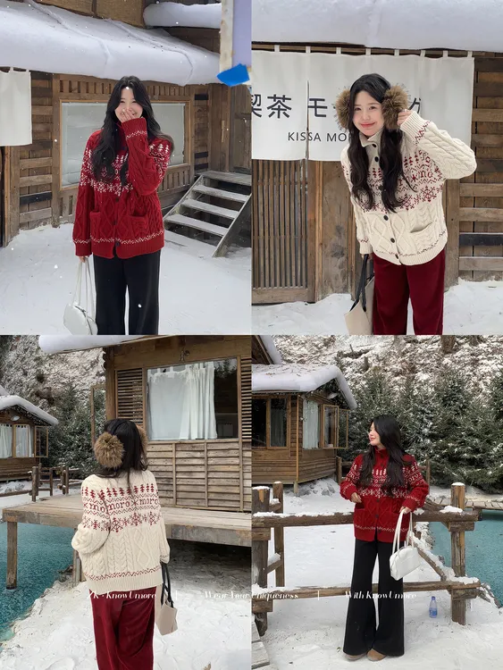 知葵微胖定制【圣诞限定】秋冬复古圣诞费尔岛提花多色开衫毛衣0461