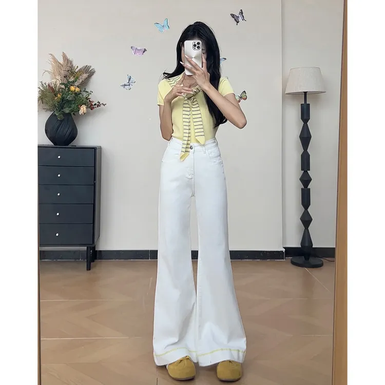 乔栈白色刺绣设计感喇叭牛仔裤女2025年夏季薄款高腰宽松垂感微喇