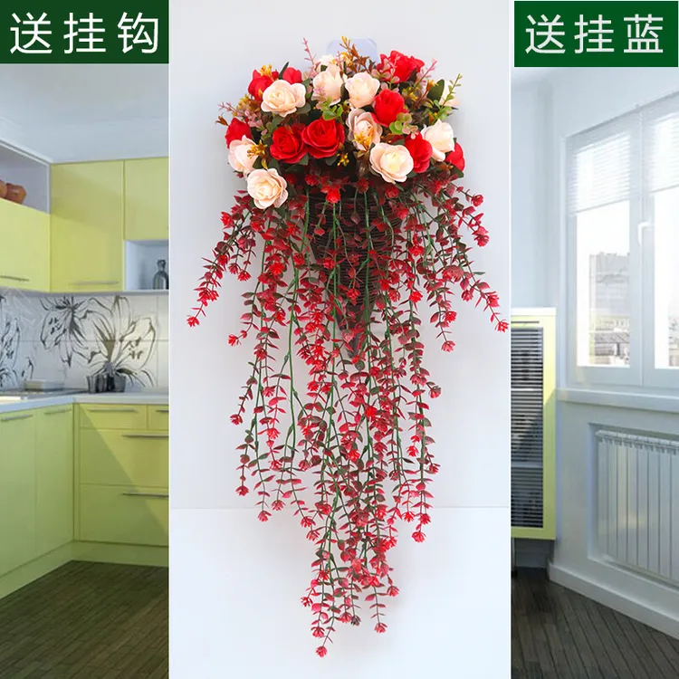 仿真藤条玫瑰花塑料假花室内外装饰挂墙花束遮丑摆设花装饰花挂墙