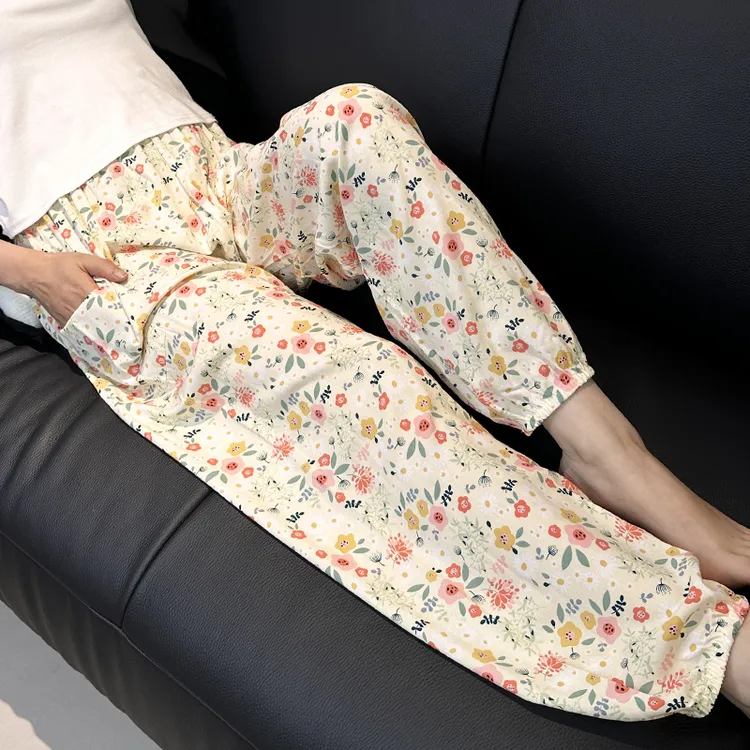 春夏款棉绸睡裤女士夏季大码人造棉绸沙滩防蚊女家居服束脚长裤子