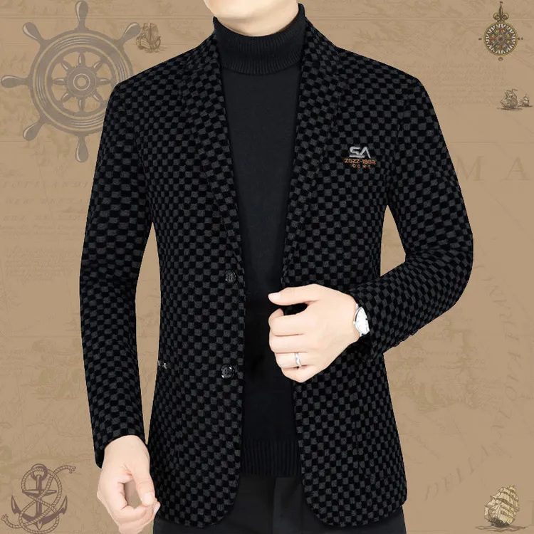 小格子春秋冬新款中年男士毛呢西服休闲商务西装外套加棉绒爸爸装