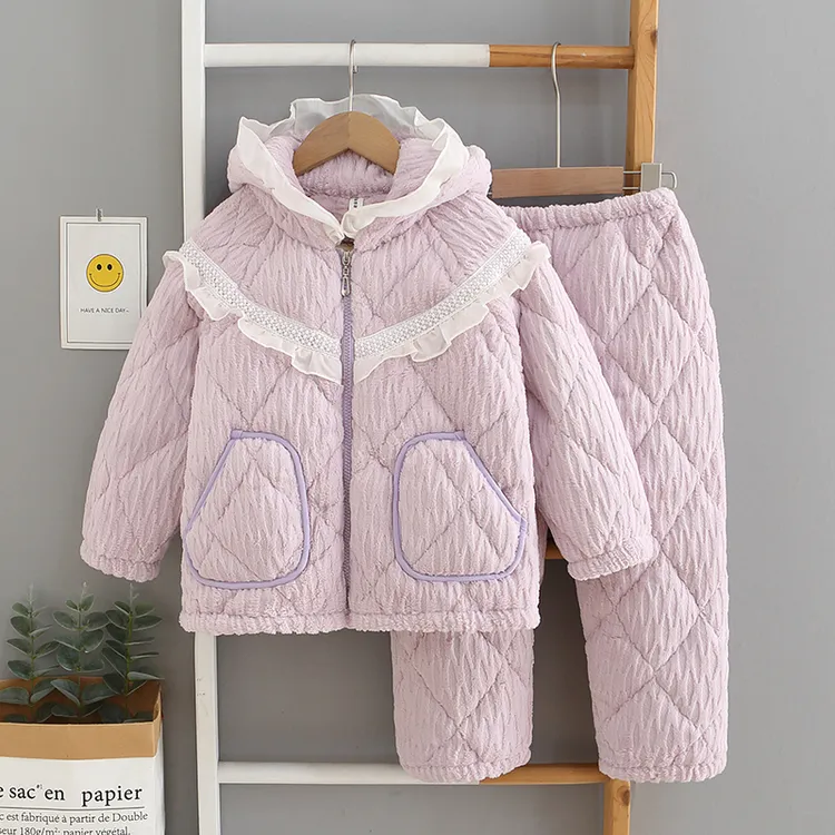 儿童睡衣女童冬季加厚款珊瑚绒三层夹棉连帽法兰绒拉链家居服套装