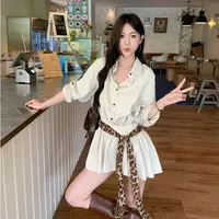 小众白色连衣裙长袖polo领衬衫裙女秋季别致豹纹飘带收腰短裙子秋