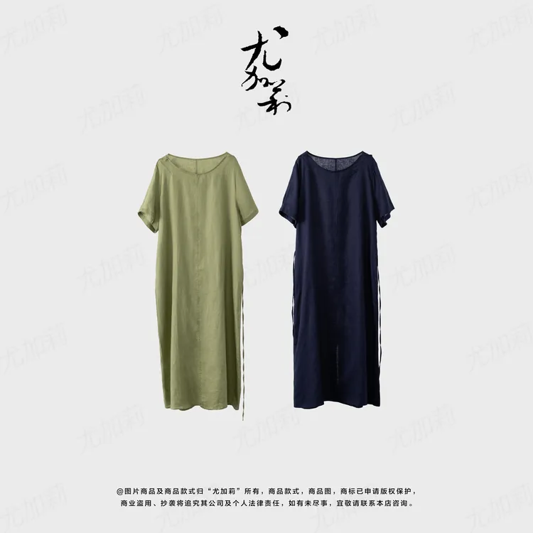 加莉精选【老亚麻连衣裙】大女生极简亚麻连衣裙 分码