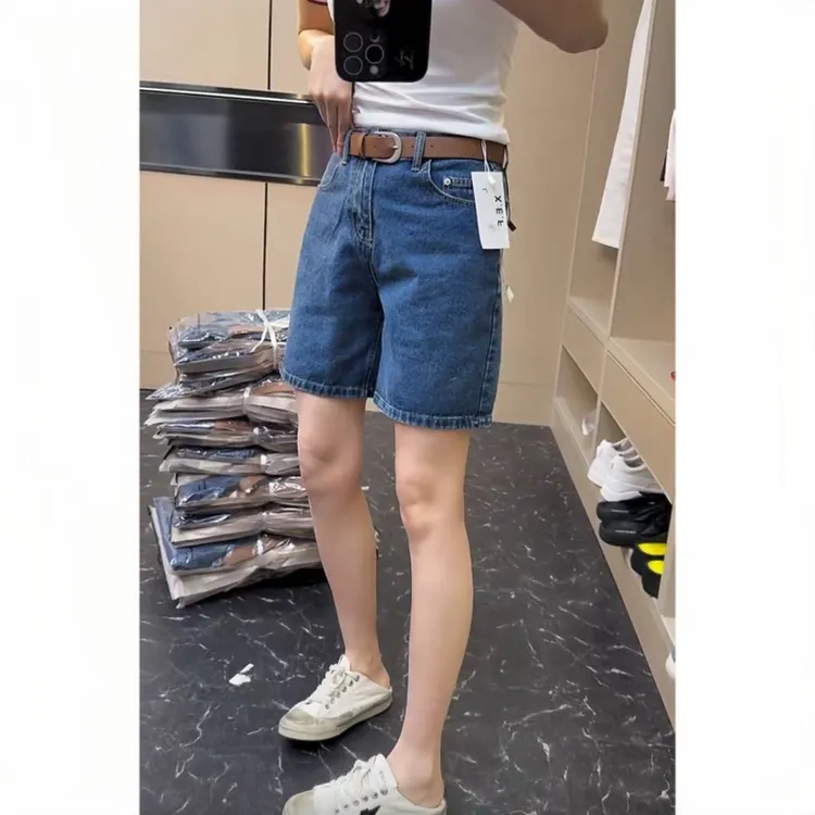 飞芊娅新款时尚高腰牛仔短裤女夏季薄款宽松显瘦直筒五分牛仔裤