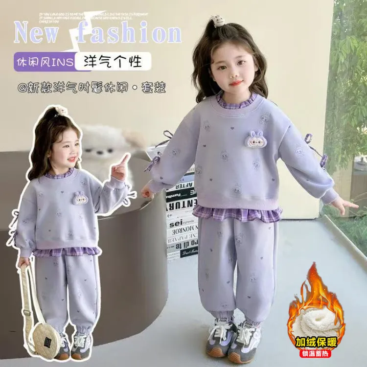 女童新款套装加绒新款洋气儿童卡通卫衣秋装时髦女宝宝两件套韩版