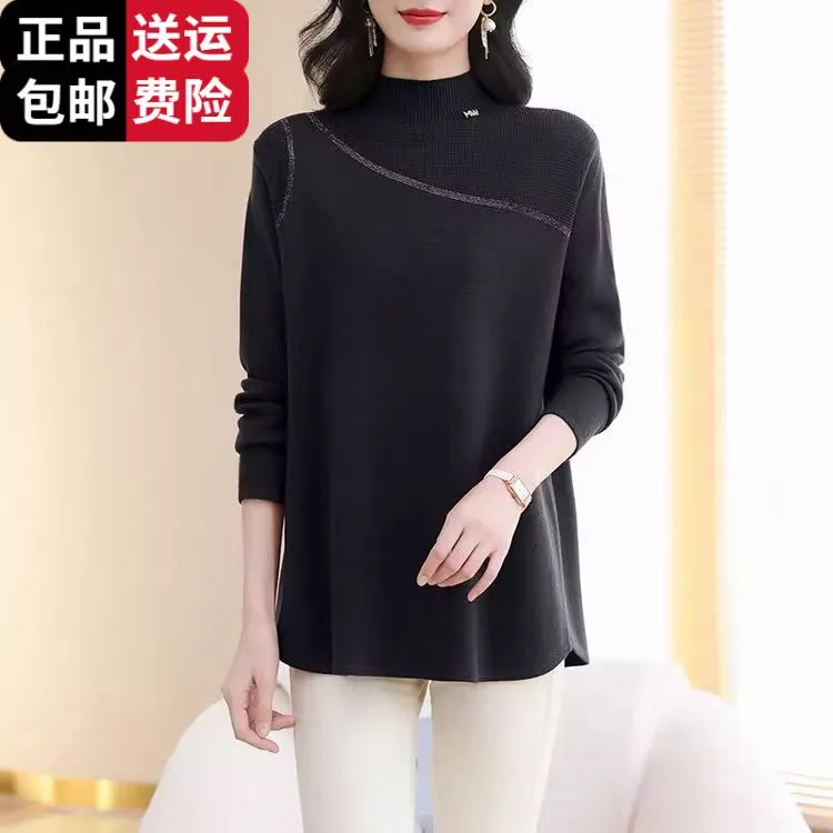 恒源祥彩羊半高领毛衣女秋冬新款大码宽松遮屁股洋气妈妈装羊毛衫
