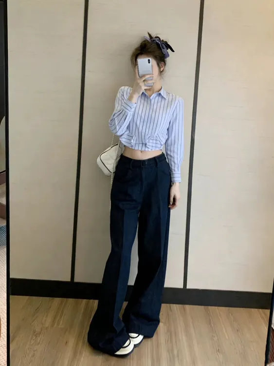 春秋新款潮牌女装韩版洋气条纹减龄小个子衬衫高腰休闲直筒裤套装