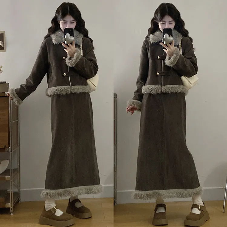 大码胖mm法式名媛千金风夹棉套装秋冬新款翻领外套半身裙两件套女