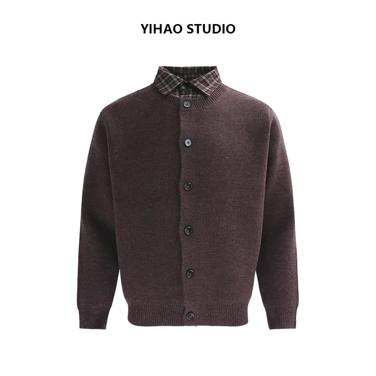 YIHAO STUDIO秋冬男款老钱风高级时尚轻奢针织秋季衫假两件毛衣
