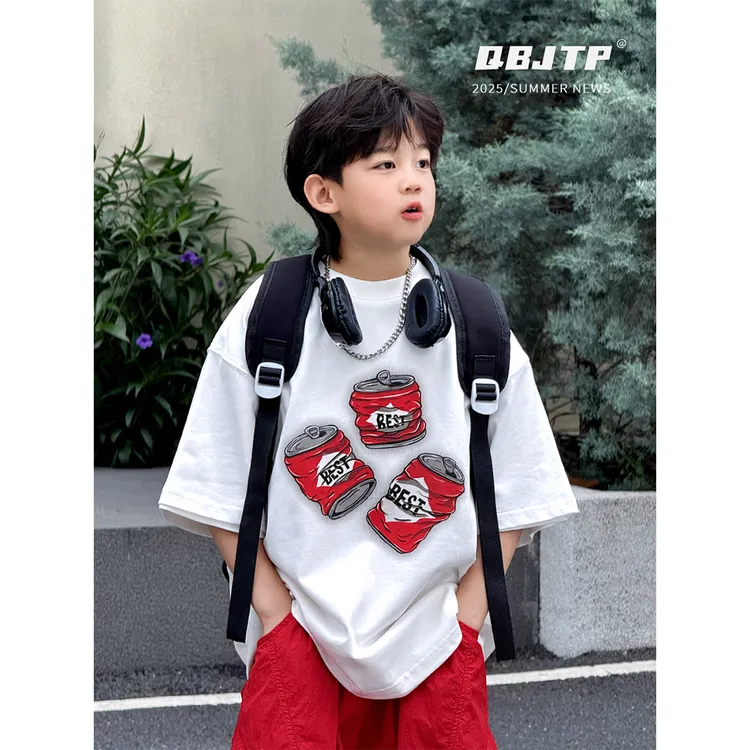 Q宝家童品6月新款 男童短袖t恤儿童夏季薄款白色时尚卡通上衣T潮