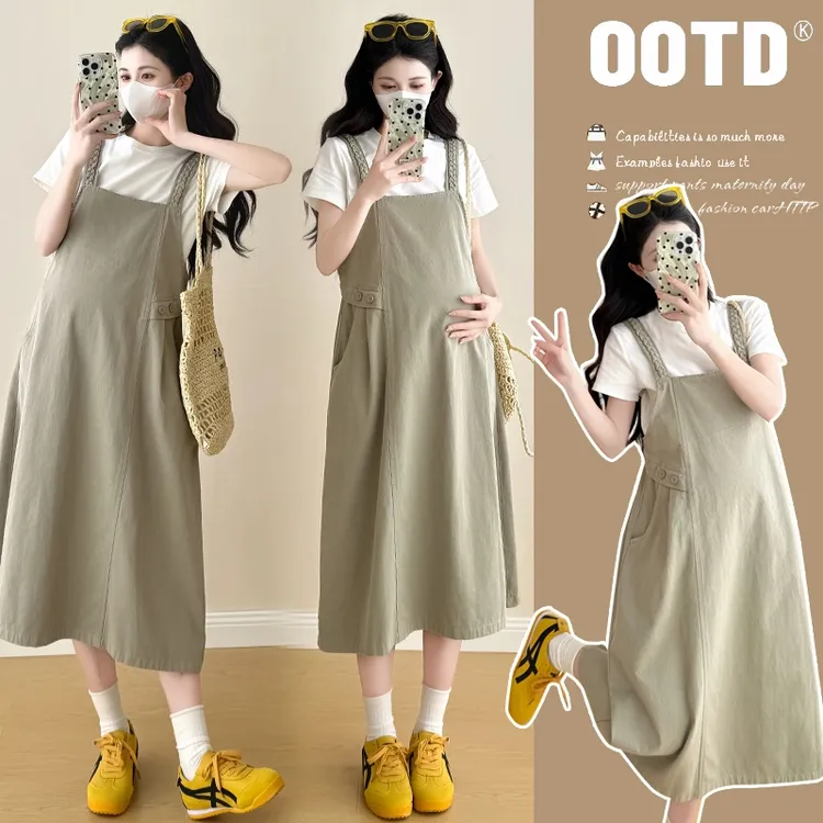 xixi~孕妇装2025夏季新款时尚休闲麻花辫背带孕妇连衣裙两件套女