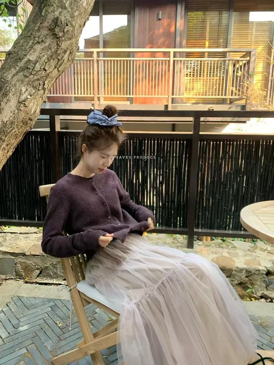 早春新款韩系时尚慵懒感修身长袖针织开衫高腰百搭气质网纱半身裙